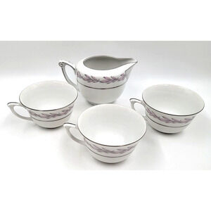 Narumi Miramar 5084 Silver Leaf Creamer & 3 Footed Tea Cups Made in Japan